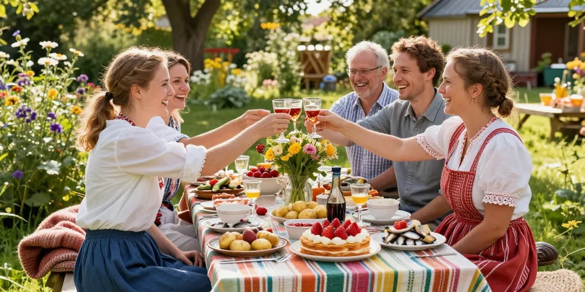 Recept midsommarlunch med buffé av klassiska rätter i en grön miljö.