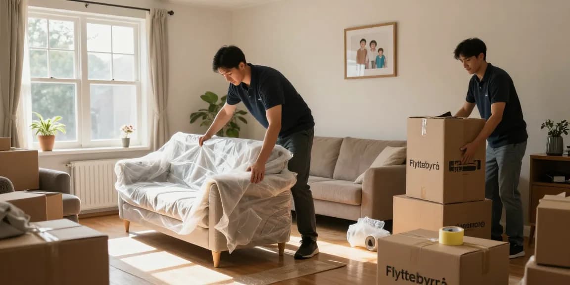 Professional movers from a Flyttebyrå carefully packing furniture in a sunny living room, ensuring a smooth move.