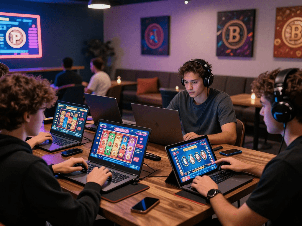 Players enjoying immersive games at a crypto casino, vibrant atmosphere with digital interfaces and virtual graphics.