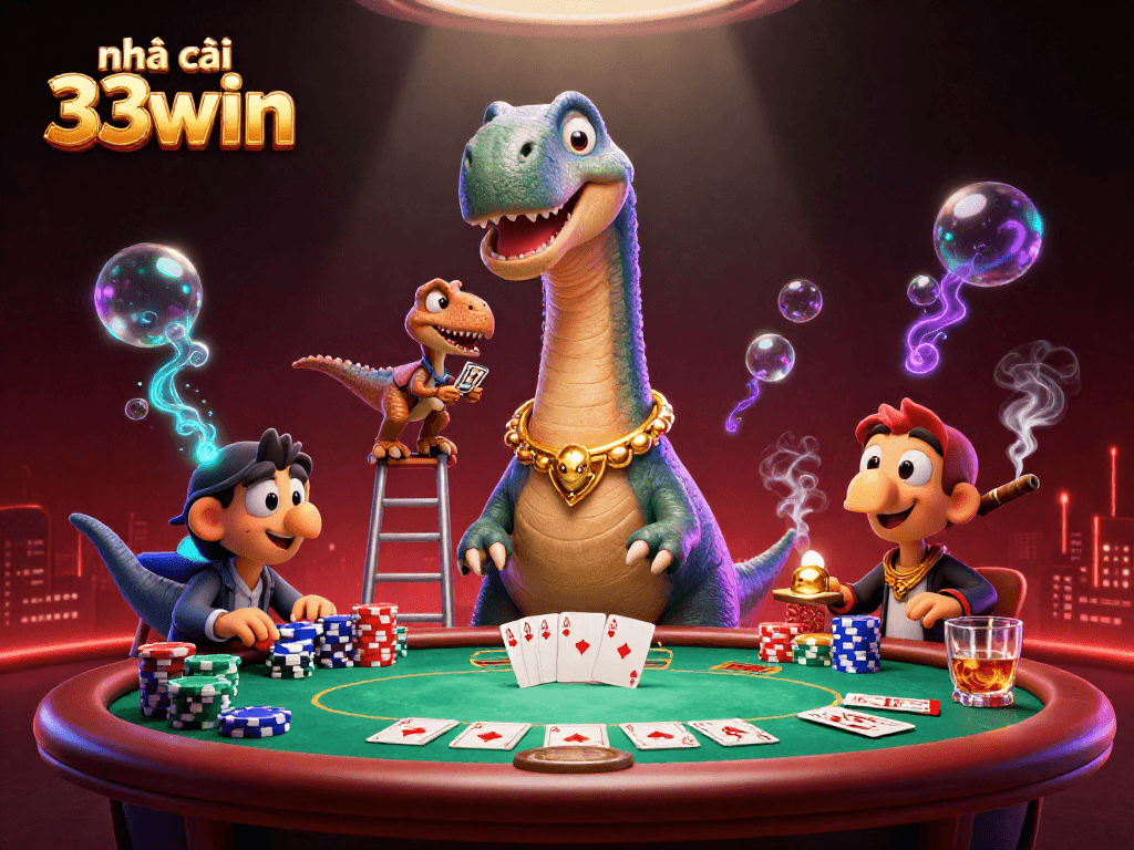 Engage at nhà cái 33win with a vibrant poker showdown featuring a towering dinosaur overlooking the game.