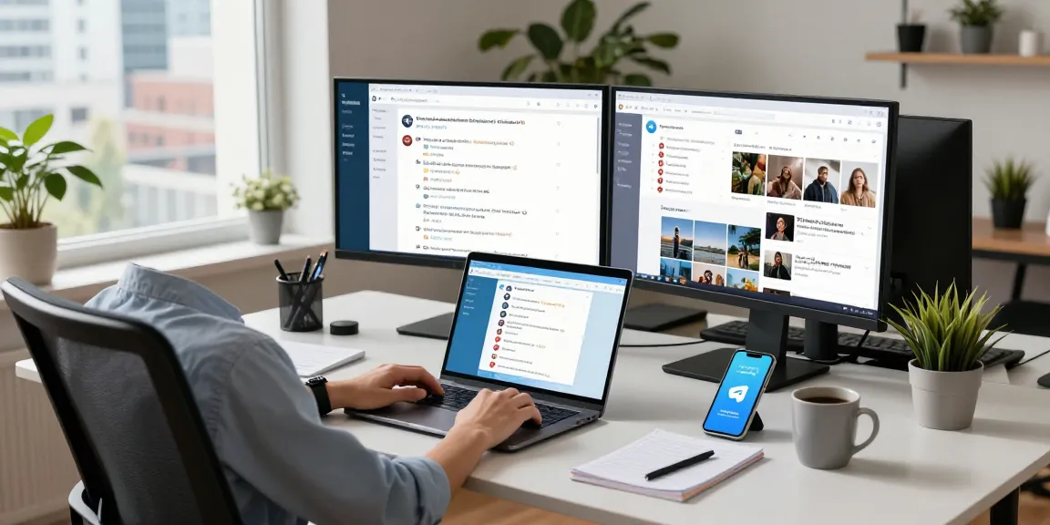 Professional using Telegram web version in a bright modern workspace with dual monitors.