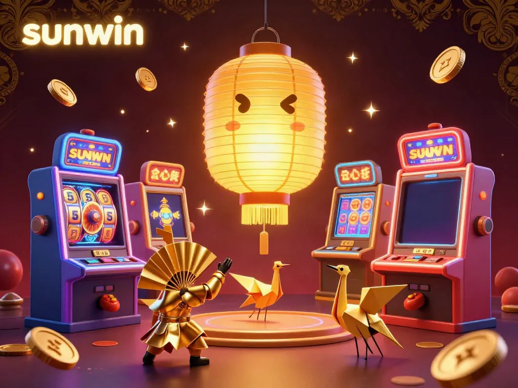 Engage with sunwin's vibrant gaming ambiance through dynamic golden lanterns, slot machines, and festive characters.