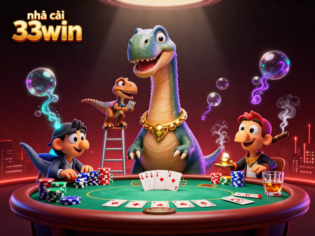 Engage at nhà cái 33win with a vibrant poker showdown featuring a towering dinosaur overlooking the game.