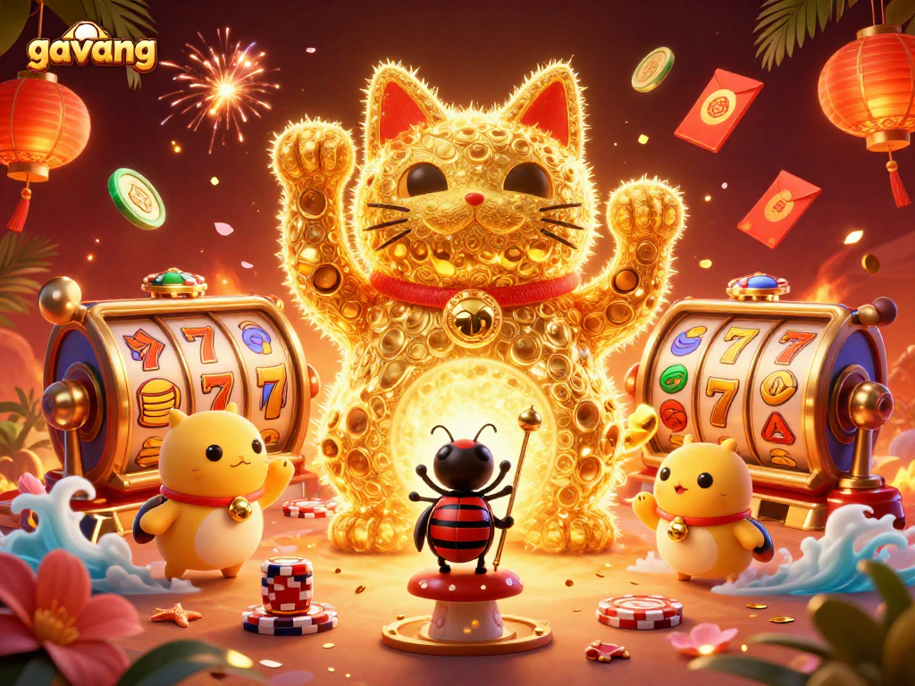 Catch the excitement of gavang with vibrant slot symbols and a lucky cat in a dynamic scene.
