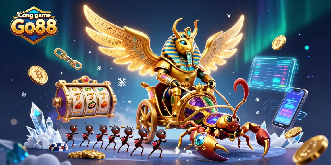 Cổng game Go88 features a colossal golden scarab beetle in pharaoh armor amidst vibrant casino elements, showcasing a rich gambling atmosphere.