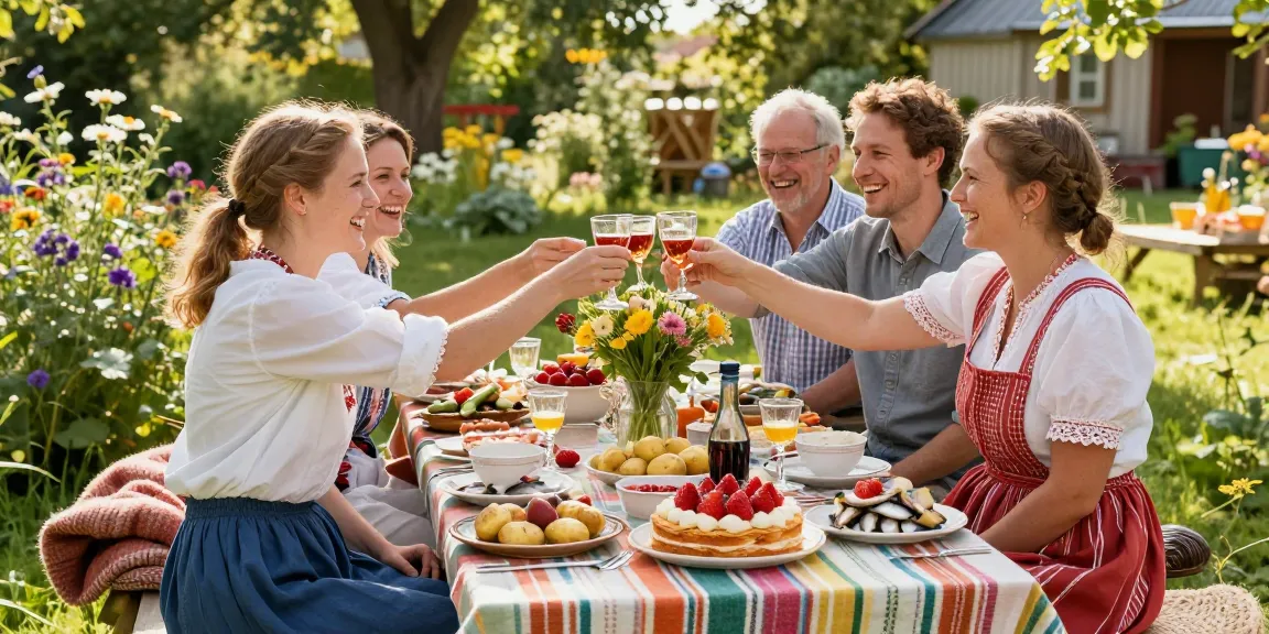Recept midsommarlunch med buffé av klassiska rätter i en grön miljö.