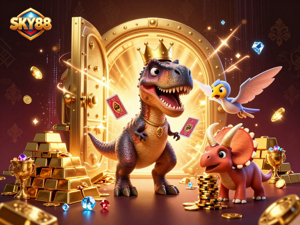 Experience thrilling card games and winning strategies at SKY88 with animated dinosaur characters.