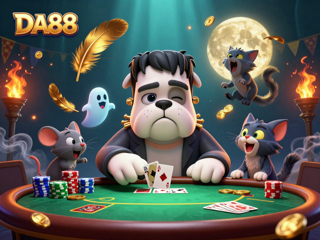 DA88 showcases a thrilling poker scene with a Frankenstein bulldog dealer and ghostly elements.