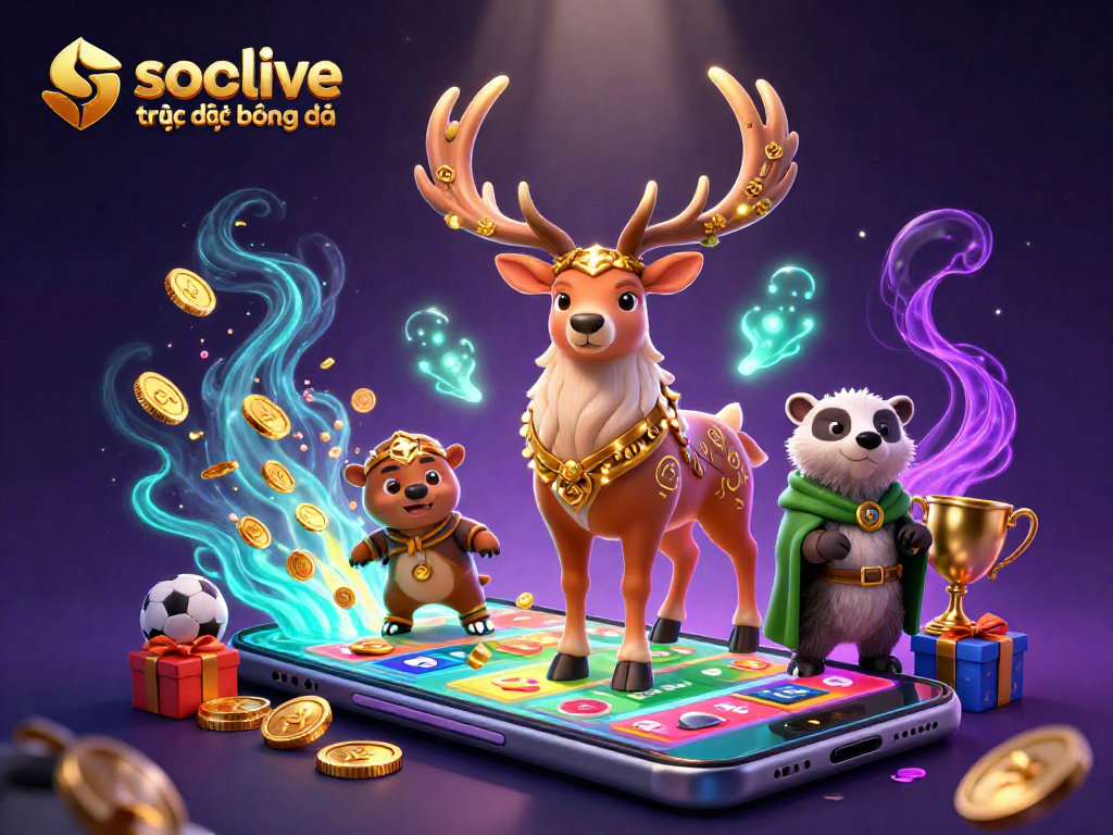 Engage in exciting gameplay with socolive trực tiếp bóng đá, featuring dynamic sports symbols amidst enchanting characters.
