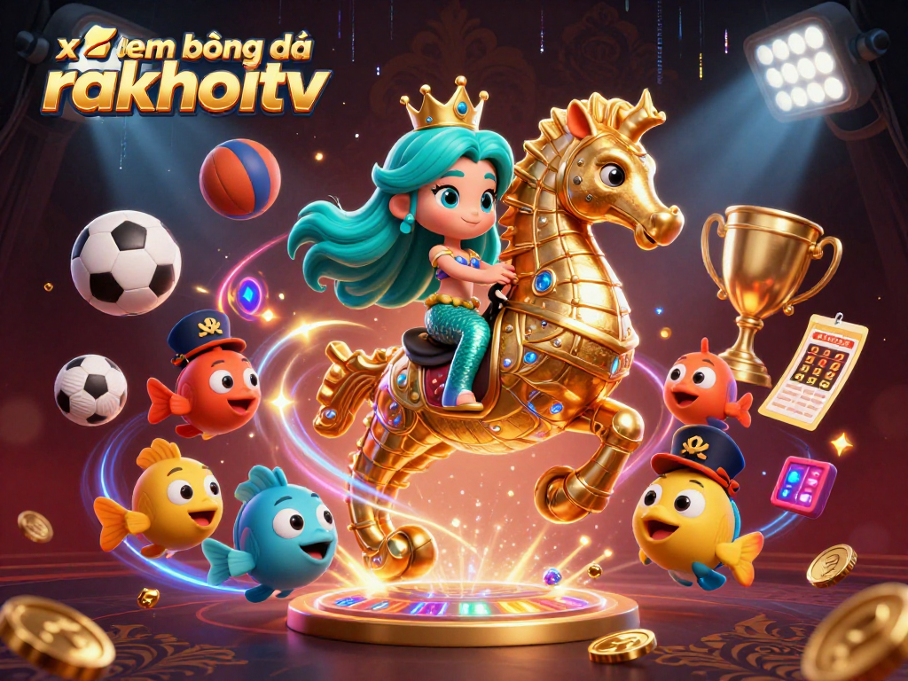 xem bóng đá rakhoitv showcases a vibrant 3D mermaid scene with sports elements and dynamic energy.