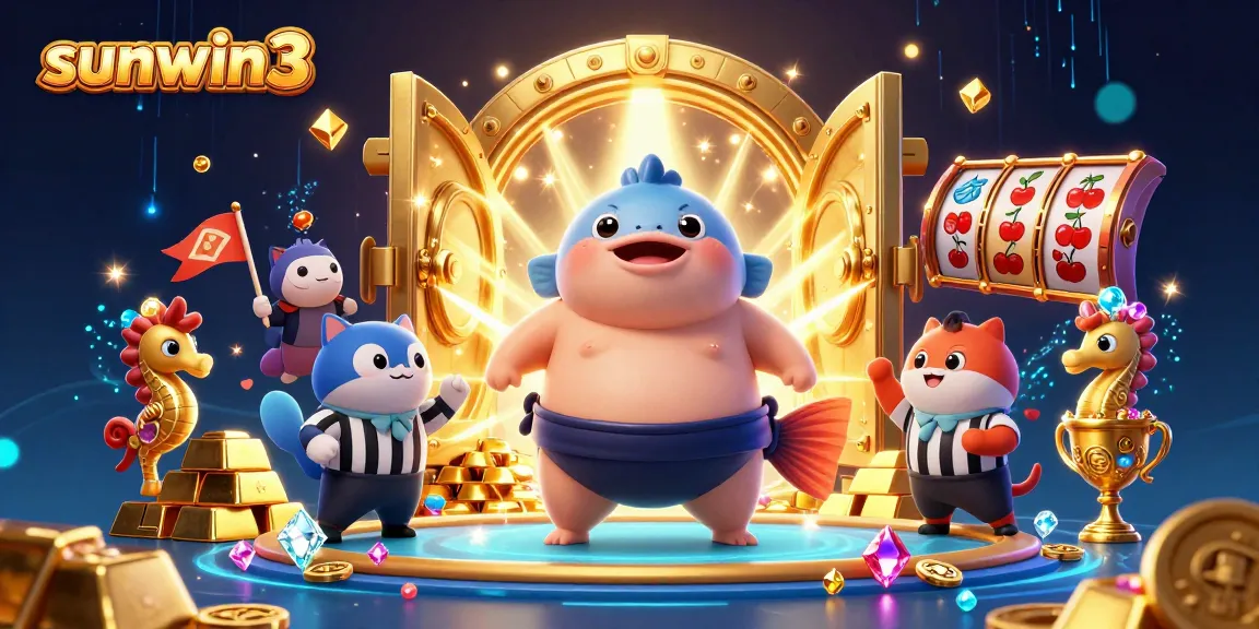 Play exciting games at sunwin3 with a unique 3D casino illustration showcasing fun characters and rich prizes.