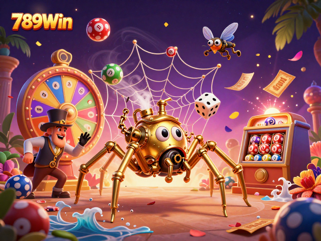 Engage with thrilling 789Win casino games as the golden spider weaves fortune in a vibrant gambling scene.