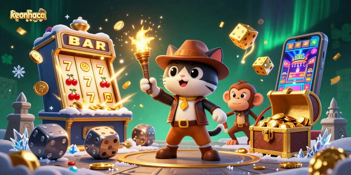 Experience keonhacai with a thrilling 3D illustration of a treasure hunting cat in a casino temple.