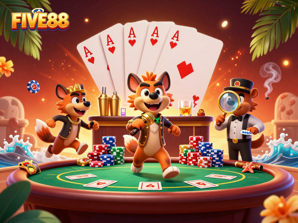 Experience the excitement of FIVE88 as hyenas create a vibrant casino atmosphere with laughter and games.