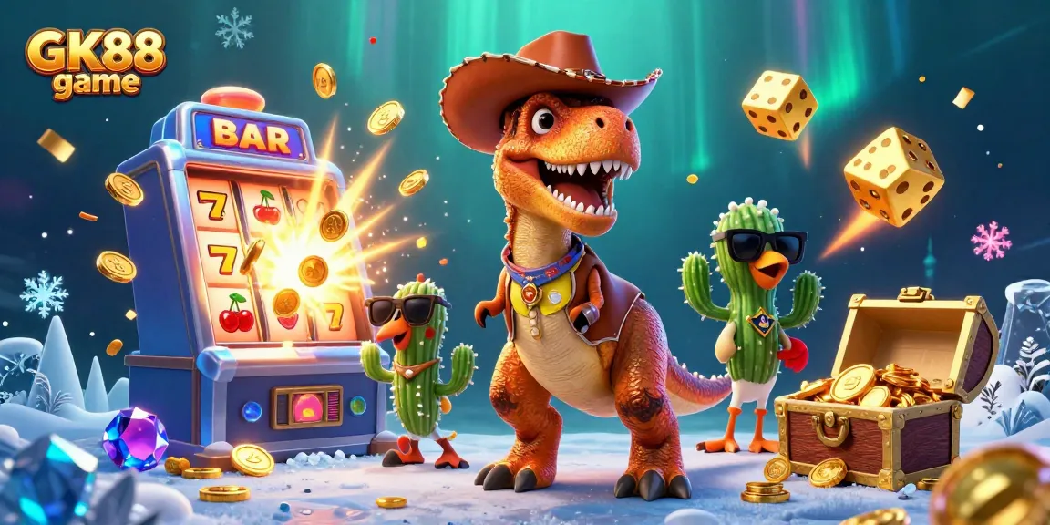 Experience the GK88 game with a fun cartoon scene featuring a T-Rex, cactus, and roadrunner amidst a jackpot explosion.