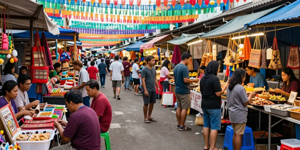 People enjoying the lively rokok88 market atmosphere, showcasing local crafts and food.