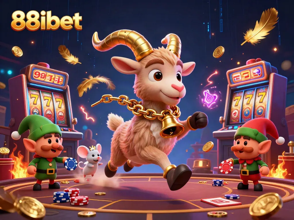 Experience thrilling 88ibet slot action with a Krampus goat, mice, and naughty elves in a vibrant casino scene.