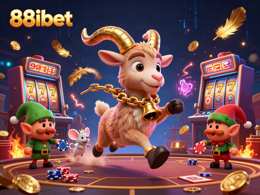 Experience thrilling 88ibet slot action with a Krampus goat, mice, and naughty elves in a vibrant casino scene.
