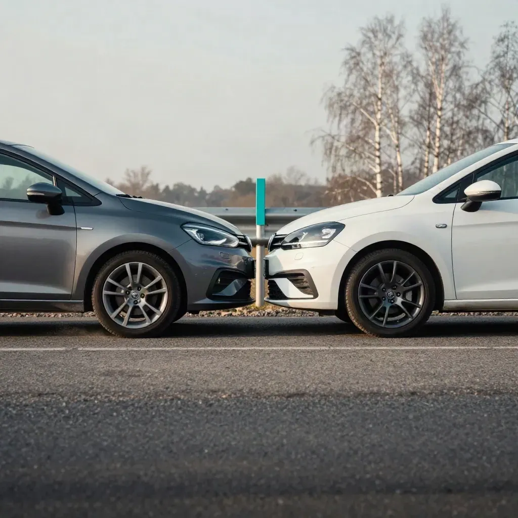 Två små hatchbackbilar står nos mot nos vid en vägavfart med damm i luften.
