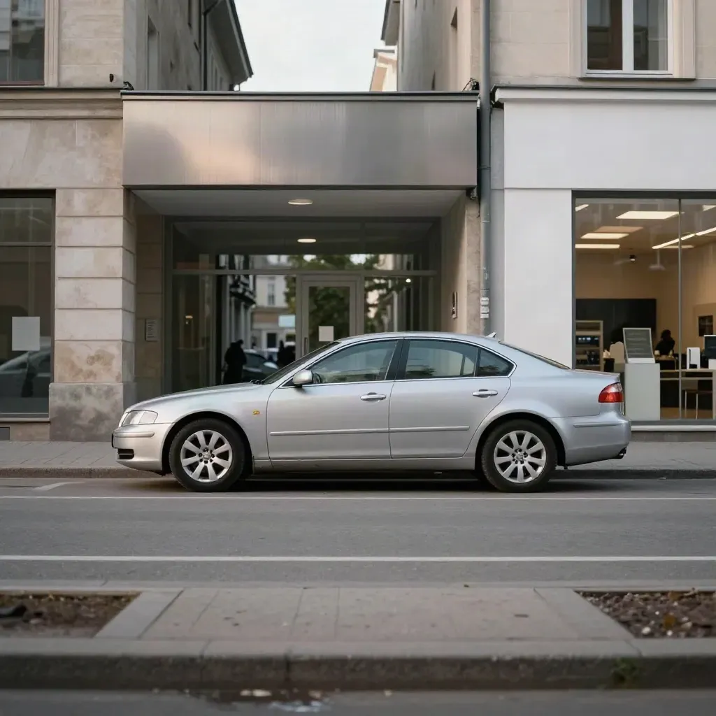Silverfärgad sedan mellan bank och bilhall på en svensk stadsgata i morgonljus.