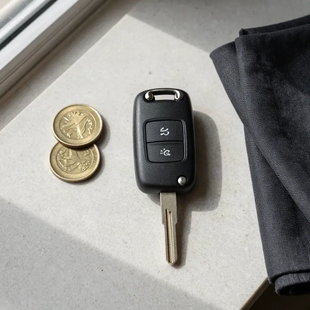Nyckelbricka, två mässingsmynt och vikt mörkgrå tygbit på ljus sten.