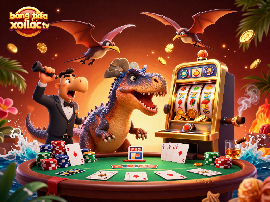 bóng đá trực tuyến xoilac tv showcases a dinosaur-themed casino scene with jackpot wins and flying coins