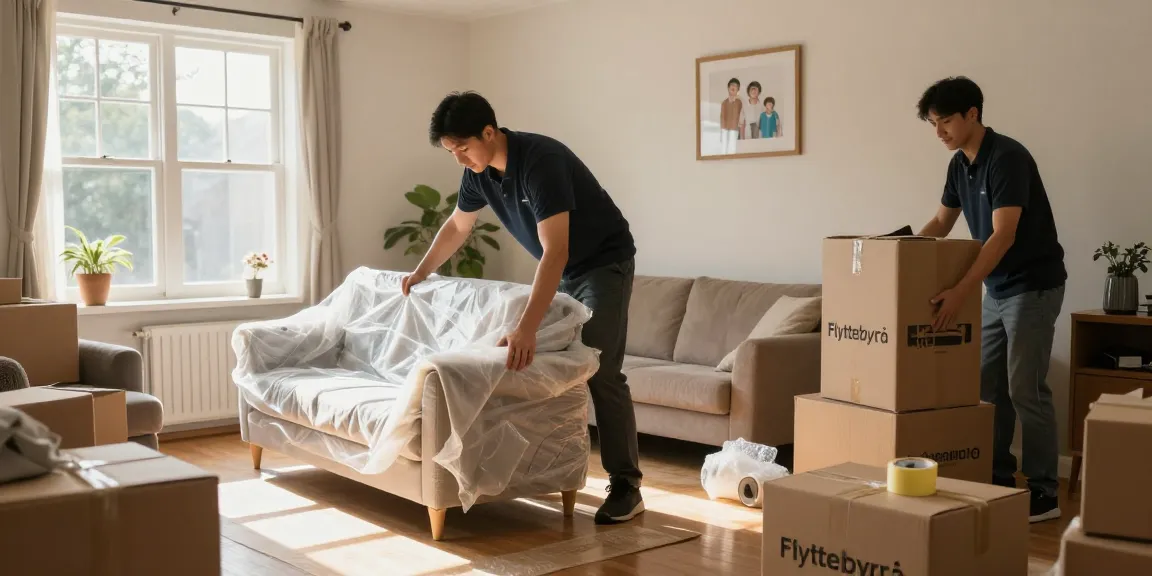 Professional movers from a Flyttebyrå carefully packing furniture in a sunny living room, ensuring a smooth move.