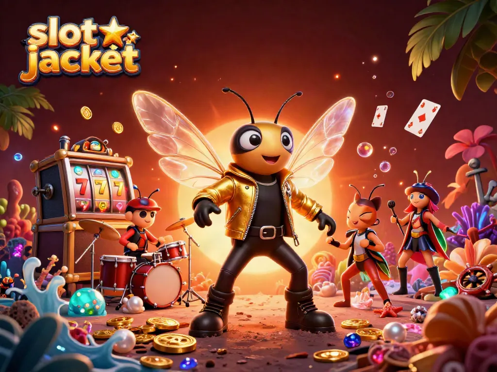 Experience the excitement of a slot jackpot with a vibrant rock star scene filled with gold coins and gems.