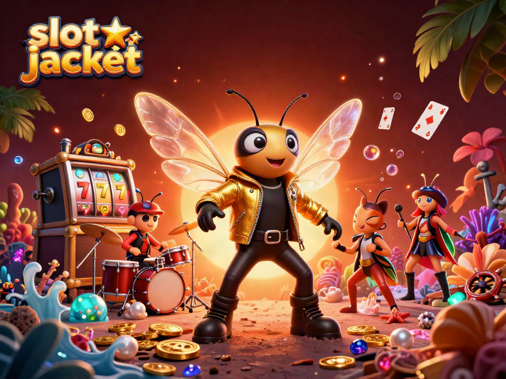 Experience the excitement of a slot jackpot with a vibrant rock star scene filled with gold coins and gems.