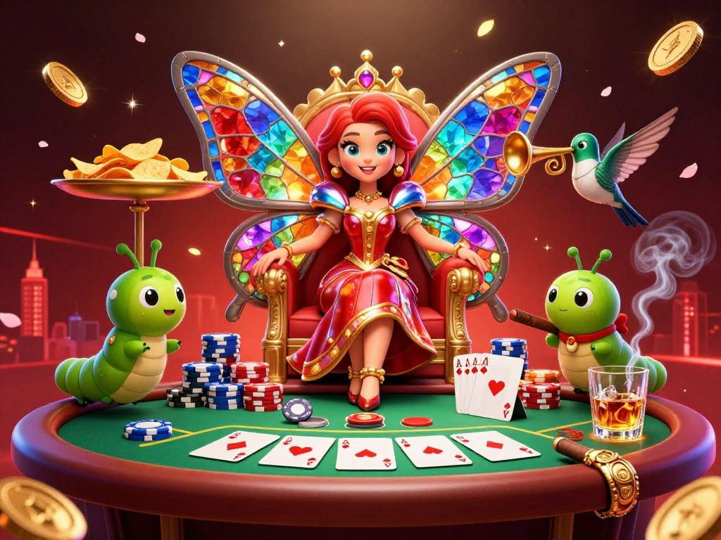 LUCKY88 casino scene with a butterfly queen, poker elements, and vibrant graphics