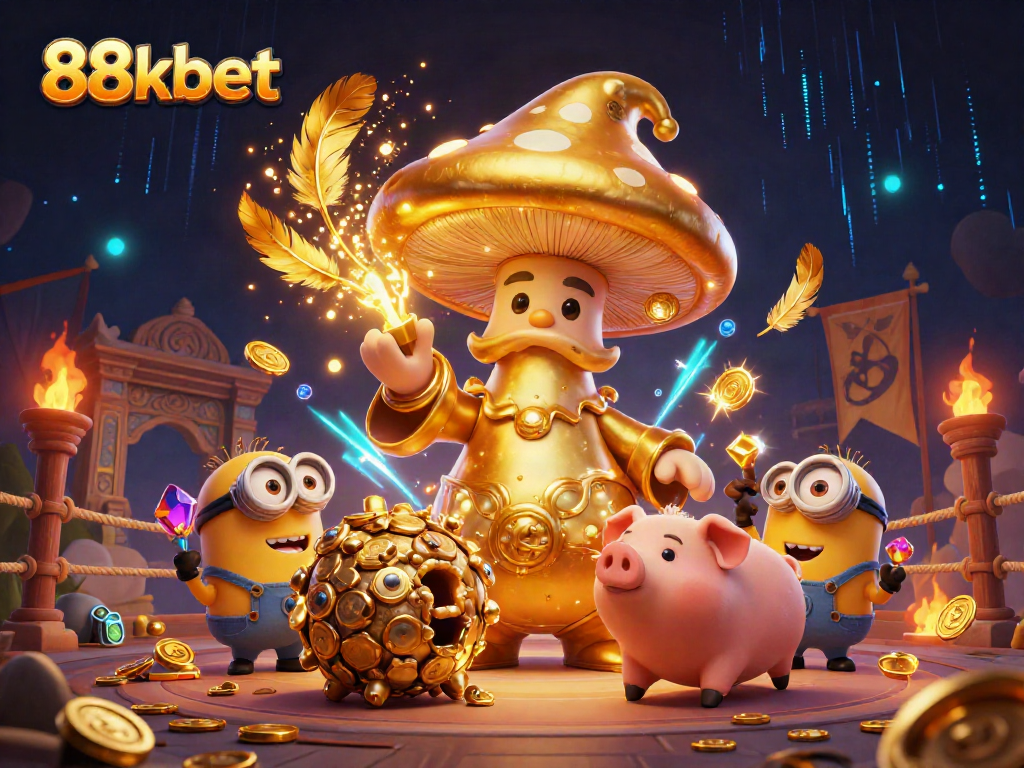 Engage with 88kbet's magical casino world featuring a golden mushroom wizard and treasure-filled scene.