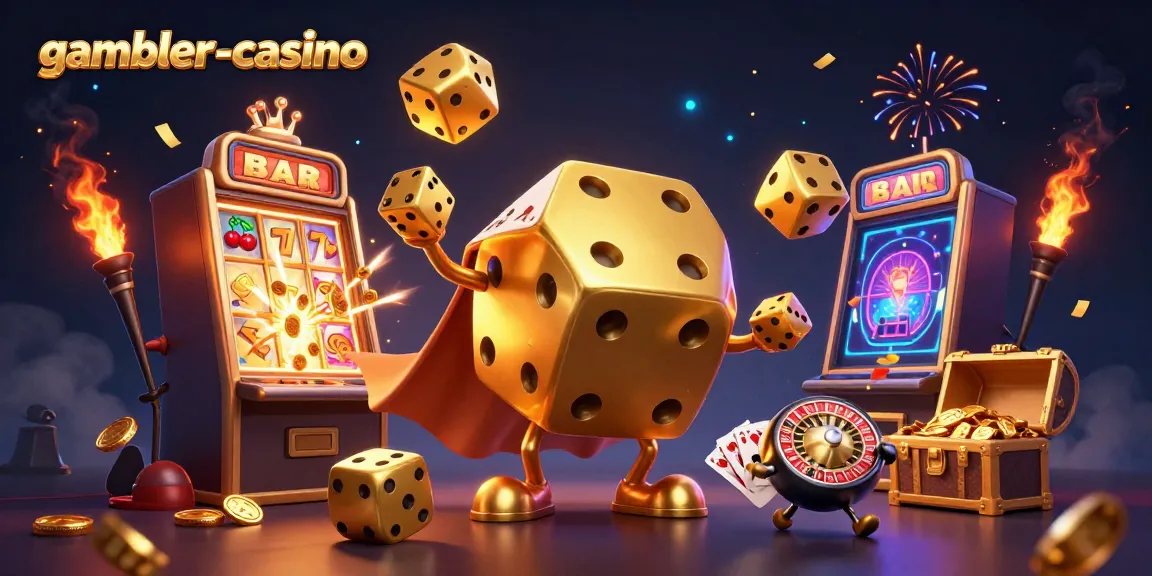 Experience thrilling gameplay with gambler-casino's vibrant golden dice and slot machine illustrations.