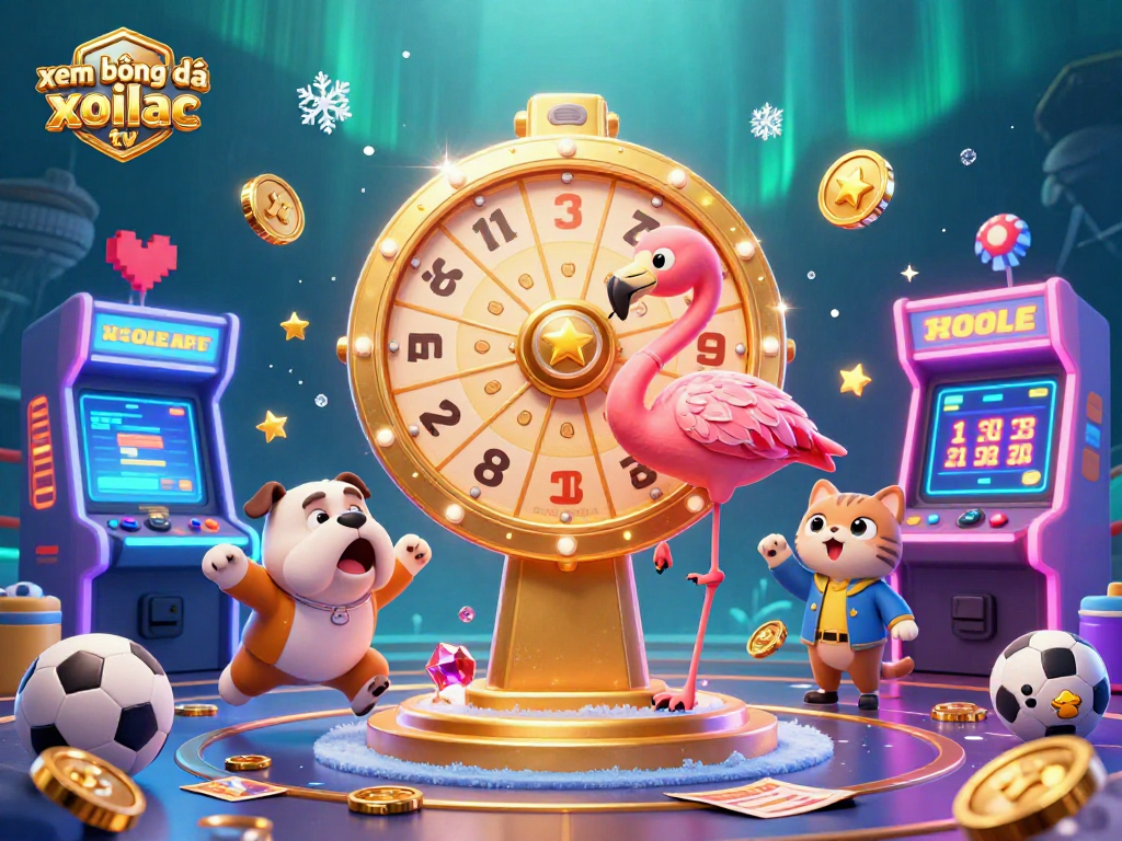 Experience the thrill of xem bóng đá xoilac tv while spinning the prize wheel in this vibrant gaming scene.