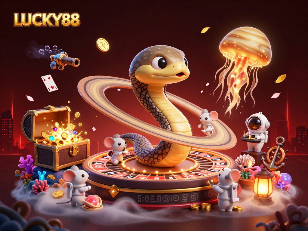 LUCKY88 players engage in cosmic bets as a snake-themed roulette and dealer jellyfish create a vibrant casino scene.
