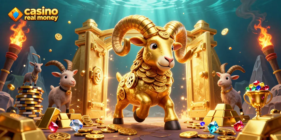 Experience thrilling gameplay at casino real money with a golden ram charging through treasures and jewels.