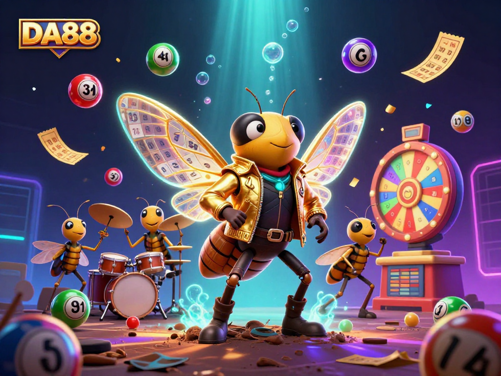 Engage in exciting DA88 gambling action with vibrant lottery elements and a lively rock star scene.