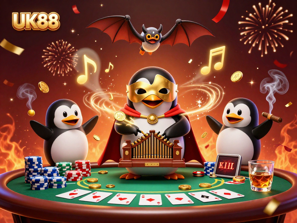Experience the excitement of UK88 casino with a vivid scene of a penguin playing an organ, shooting coins.