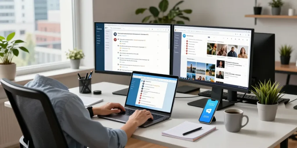 Professional using Telegram web version in a bright modern workspace with dual monitors.