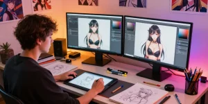AI hentai artist designing intricate characters in vibrant studio