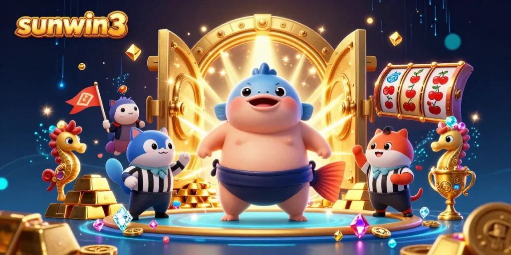 Play exciting games at sunwin3 with a unique 3D casino illustration showcasing fun characters and rich prizes.